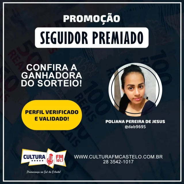Faça igual a Poliana... Ela participou da promoção SEGUIDOR PREMIADO e ganhou R$ 800,00. Parabéns!👏🏻👏🏻👏🏻🎧

#CulturaFM #APrimeiraça #MaiorCanalDePrêmiosDoSulDoEstado #SeguidorPremiado #Dinheiro